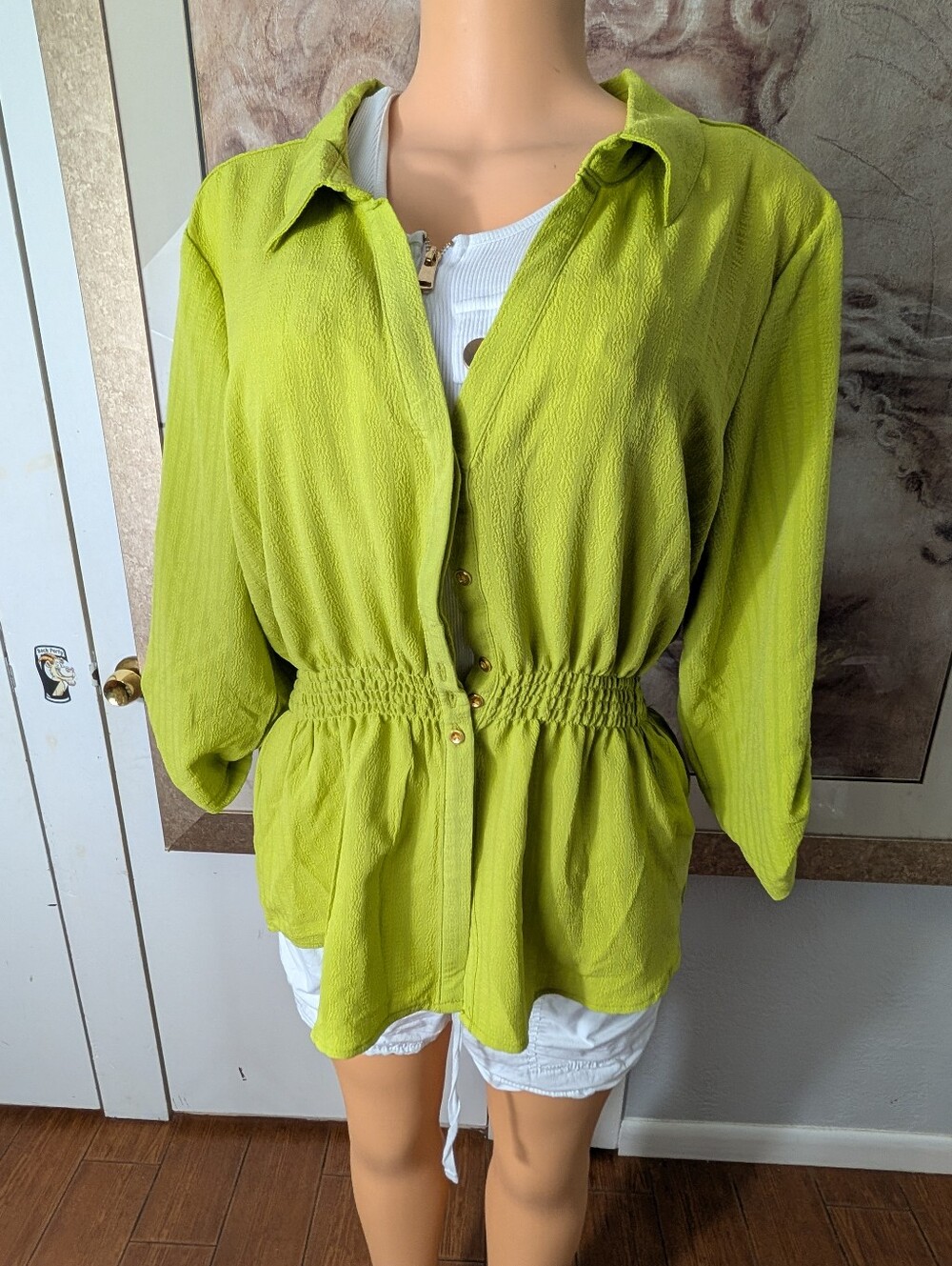 Alex And Parker Lightweight Lime Button-Front Jacket with Smocked Waist Size XL